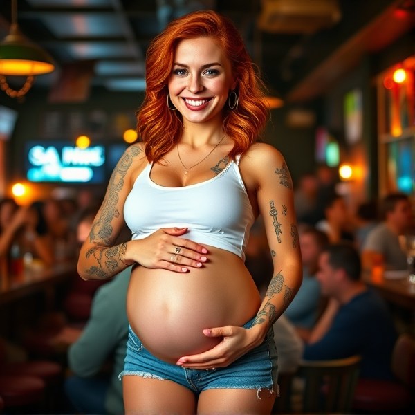 A radiant woman with luscious auburn hair cascading in gentle waves, adorned with an eclectic array of colorful tattoos etched over her arms and shoulders. She's dressed in stylish, form-fitting denim shorts paired with a chic, sleeveless white tank top that hugs her figure and accentuates her prominently displayed pregnant belly. Her expression beams with playful pride and confidence as she poses amidst the vibrant bar setting filled with warm ambient lighting, laughter, clinking glasses, and lively conversations. She rests one hand atop her belly while the other holds a non-alcoholic beverage, celebrating life within the bustling social scene.
