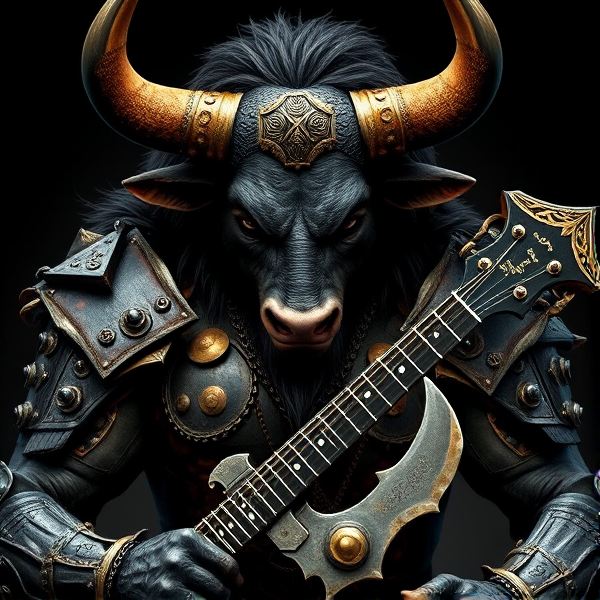 Créer une image détaillée d'un minotaure imposant en armure de guerrier, avec un corps et une tête de taureau féroce et des yeux perçants. une guitare hache Gene Simmons