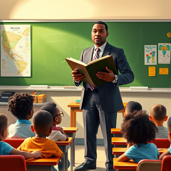 Directeur d'école afro-américain debout tenant un classeur ouvert dans ses mains portant un costume formel, dans une salle de classe avec un tableau vert, s'adressant  à un groupe d'élèves afro-américaines attentives de huit ans assises à leurs pupitres. Ils sont entourés de matériel pédagogique adapté à leur âge, comme des cartes géographiques, des affiches éducatives et des dessins d'enfants accrochés aux murs. La scène dégage une atmosphère chaleureuse et encourageante.