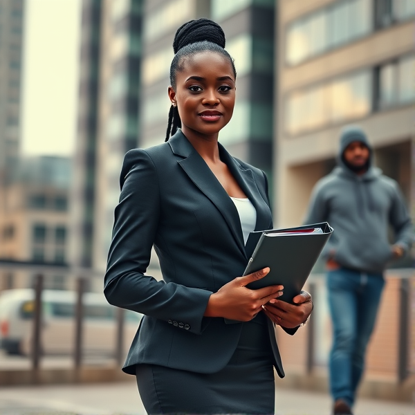 young African woman dressed in a stylish business suit, confidently holding a binder in her hands against an urban backdrop with a man behind her with jean and sweat shirt