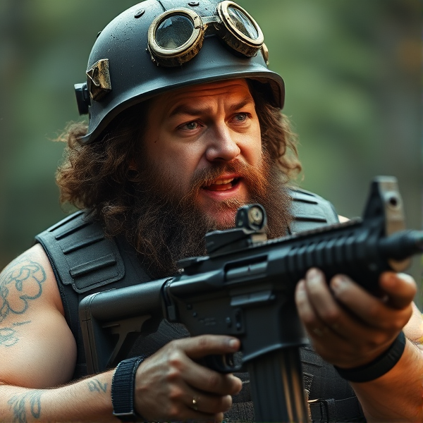 Obese man with curly hair dripping sweat holding assault rifle wearing a pub g level three helmet