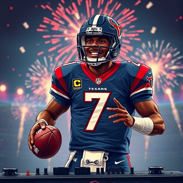 Animated black quarterback wearing number 7 jersey for Houston texans holding a football and DJing. Pyrotechnics and lights in background