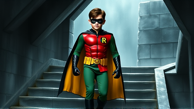 Movie Scene: A medium, preteen 12-year old boy with light skin and dark brown hair named Connor Bardley, but dressed as Robin, The Boy Wonder, with an extremely muscular body, a sleek green suit with a red torso with a black circle with a yellow R symbol on his left pectoral, a gold utility belt, black boots, black long-cuffed gloves, a big, heel-length, ultra-wide collared cape that's black on the outside and yellow on the inside, and a black eye mask, walking down the stone stairs to enter the Bat Cave, where he meets Batman for the first time and hopes to team up with him.