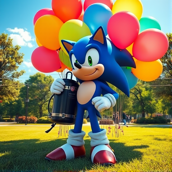 Sonic the Hedgehog in a dynamic standing pose, clutching a large helium tank, with 450 vibrant, multicolored balloons of 16 inches, set against the backdrop of a sunlit park with lush greenery and clear blue skies