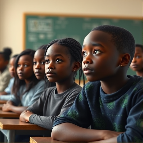 des filles noires de huit ans avec des tresses africaine et garçons assis dans une classe face au tableau