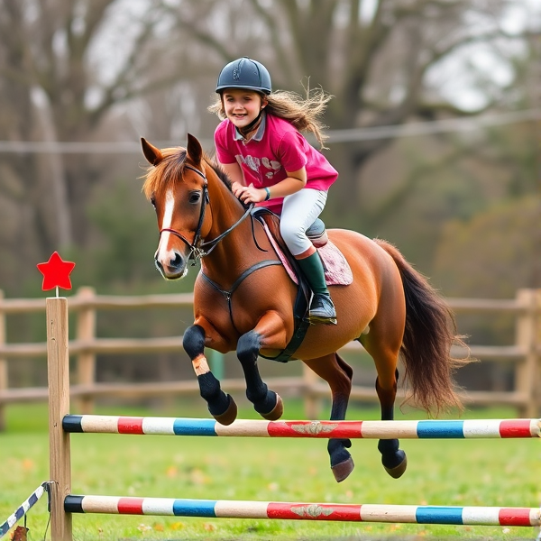 teenager girl riding minature pony over a jump