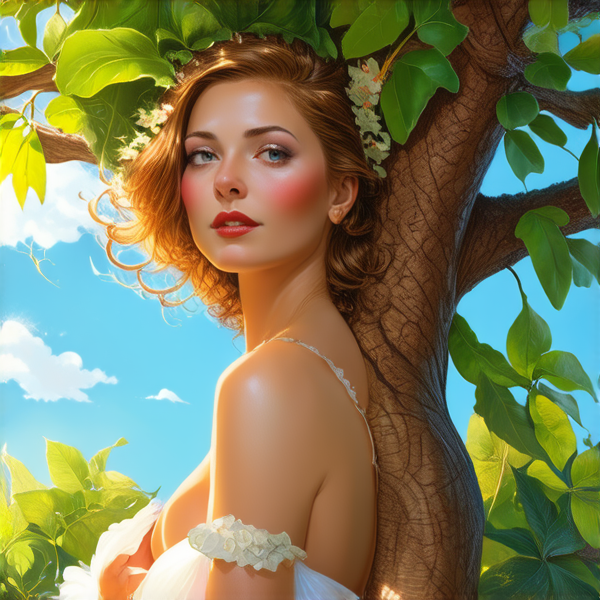 majestueux baobab aux feuilles vertes luxuriantes, éclairé par une douce lumière dorée du matin, ciel bleu clair en arrière-plan avec quelques nuages légers