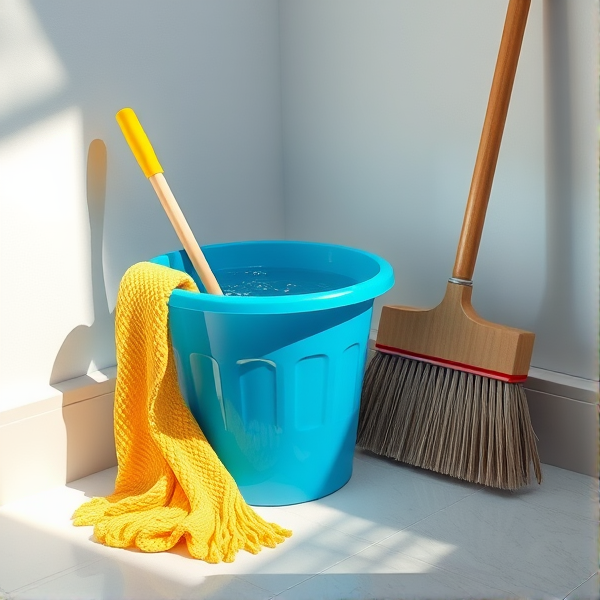 A meticulously arranged cleaning corner in a brightly lit room, featuring a shiny blue bucket filled with crystal-clear water, a neatly folded yellow mop resting beside it, a stiff-bristled scrub brush, and an upright broom with clean, natural straw bristles set against the wall. Soft shadows accentuate the textures of each object and the clean, tiled floor reflects the ambient light
