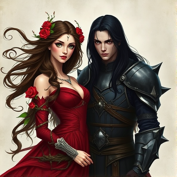 A woman with long flowing dark brown hair, green eyes, wearing a red dress with roses and thorns in her hair and thorns that snake around her arms. Standing beside her is a man, much taller than her, with black flowing hair that curls at the ends. He has black eyes and a pale face. He wears black and silver armor with long points on the ends. They are in love