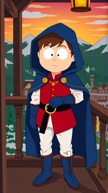 Clyde Donovan from South Park, light skin and brown hair, but as a 14-Year Old, dressed as a medieval prince with a red shirt with white sleeves, a black belt with a gold buckle, white pants, blue boots, blue long-cuffed gloves, and wreathed in a big, ankle-length blue hooded cape, now known as Prince Donovan. Despite still being a kid, he is the Youngest Ruler of South Park, Colorado, but now reborn as the real life Kingdom of Kupa Keep, Zaron, and Prince Donovan is its youngest and greatest hero. The young teenage prince of Kupa Keep is currently standing on his bedroom balcony in his new home of Kupa Keep Castle, looking at the amazing view of his newfound kingdom that was once the small mountain town he knew before.
