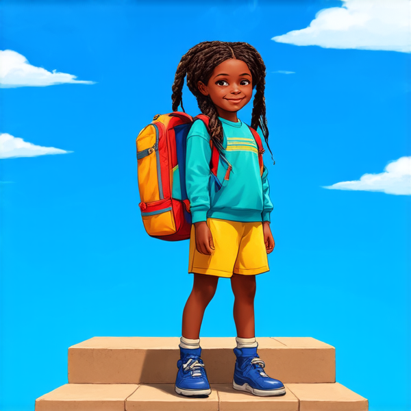 Jeune fille africaine de 8 ans portant des tresses africaines élaborées et un sourire joyeux, debout fièrement avec un cartable coloré sur le dos devant les marches d'une école primaire, sous un ciel bleu clair d'après-midi.