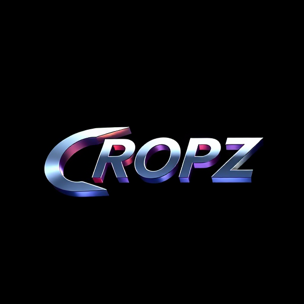Highly detailed, high-contrast 3D logo of "CROPZ" designed in a sleek, stylish sans-serif and bold font, dynamically leaping from a pitch-black backdrop with intense and strategic illumination by the Capcut app logo. The logo features futuristic curves that are both sharp and fluid, exhibiting smooth metallic surfaces that reflect light, creating a sense of excitement and dynamism. Rendered to exhibit a rich and vivid Pixar-animation style characterized by crisp lines, pronounced geometric shapes, with an emphasis on vibrant color palettes and glossy finishes. Utilization of advanced rendering techniques inspired by Unreal Engine's realism, Octane Engine's lightning-fast ray tracing abilities, and V-Ray's global illumination for heightened visual impact. The overall aesthetic is amplified to be exaggeratedly surreal with a sci-fi inspiration that is strikingly eye-catching without any trace of subtlety or minimalism