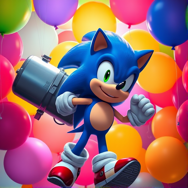 Sonic the Hedgehog striking an energetic stance, confidently clutching a hefty helium tank with a hose that feeds into a kaleidoscopic array of balloons. Each balloon is a vivid, different color and exactly 16 inches in diameter, with about 450 balloons creating a jubilant halo around him