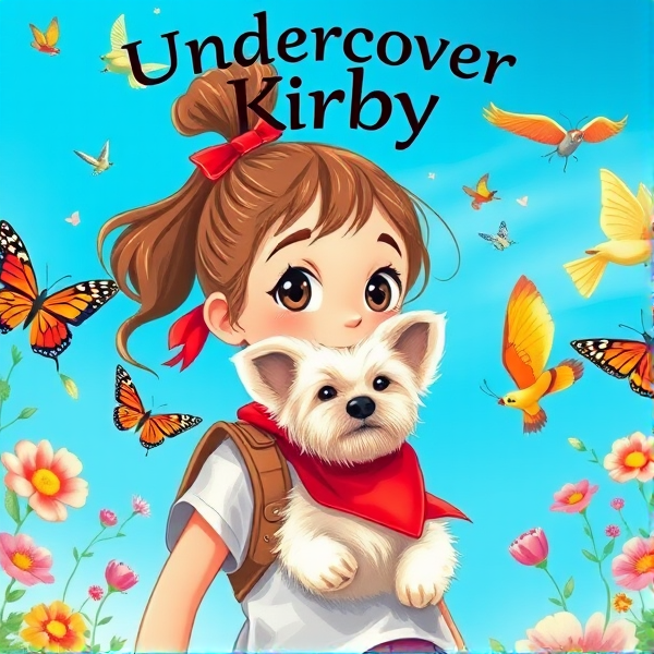 Bright, whimsical book cover design showcasing a spirited 10-year-old girl with a bouncy brown ponytail secured by a cherry-red ribbon, her small round eyes twinkling with mischief and wonder. The protagonist is center-stage on an exuberant quest, the background a beautiful blue sky.  Surrounding her are playful elements that resonate with girls her age: iridescent butterflies dancing in the air, lush, multicolored flowers blooming wildly at her feet, and charming birds with elaborate plumage. Accompanying her is a joyous blonde long-haired Maltese terrier, its floppy ears framing a face full of affection as it gazes at the girl; around its neck is a crimson bandana that flutters in the breeze. The scene pulses with the thrill of childhood adventures—look for an intricately detailed compass clutched in the girl's hand, binoculars draped around her neck, and intriguing hidden paths that invite secret explorations. Bold, playful typography leaps off the cover, spelling out "Undercover Kirby" in letters designed to spark imagination and convey a sense of exhilarating fun. Opt for an art style that echoes realistic hand-drawn illustrations to capture this timeless narrative of curiosity and discovery. The girls eyes should proportionate to face, not cartoon style. Dog has long ears.