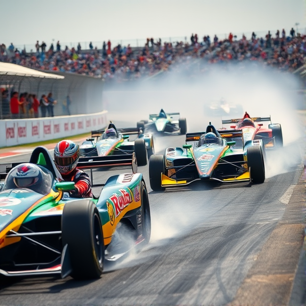 High-speed race cars tearing down the track, vibrant sponsor logos on their sleek bodies,  in custom racing suits, helmets gleaming under the bright sun, crowds cheering in the stands, a blur of colors as vehicles zip by, tire smoke from scorching rubber fills the air