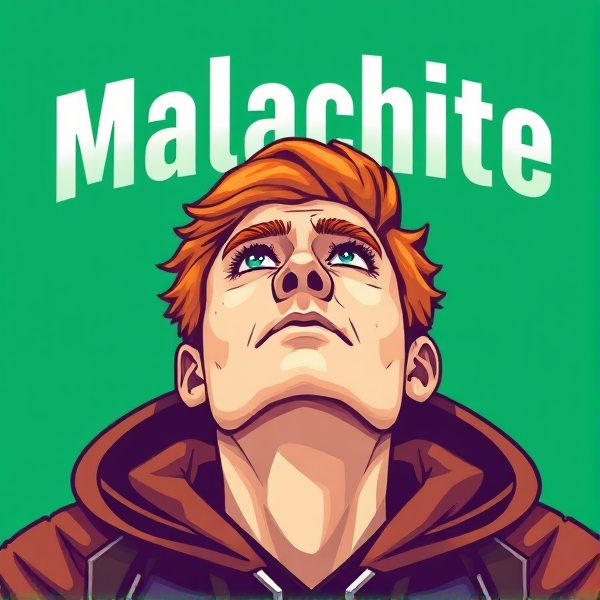 The word malachite colored with malachite with a ginger haired man with a bread in his late 20’s under the word malachite. Eyes looking up at the word  malachite