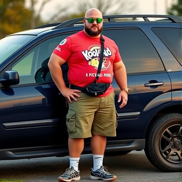 A bald 300 lb muscular man  wearing cargo shorts, a kool-aid man shirt, white socks, sketchers shoes, neon green cycling glasses, cross body bag, standing next to a 2002 navy blue sienna