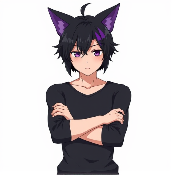 My hero academia oc. Arms crossed. Cat ears black with purple tips. Black hair. With purple streaks. Full body view