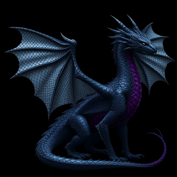 A black dragon, with silver scales like stars on the bottom of their wings, a purple colour fading from their back to their tail
