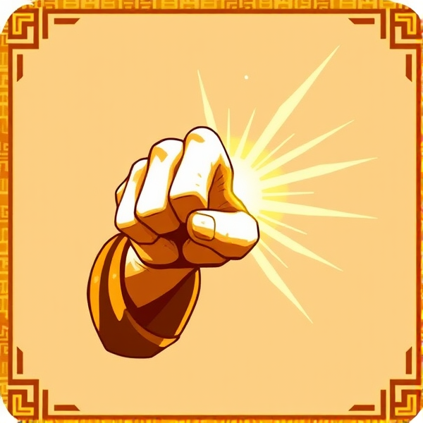Create an RPG icon that represents a monk's stunning fist attack, showcasing a stylized human hand in a martial arts striking pose, emitting waves of force or energy to suggest a stunning impact. The background should be minimalist to highlight the action, possibly with an oriental aesthetic, using warm colors like gold or orange to convey the power and precision of the technique