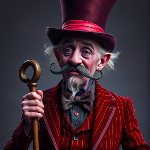 A dreamy elder man figure with purple skin, a dark squiggly mustache and a striped red velvet suit with a cane and a a top hat to match his suit and he’s tall