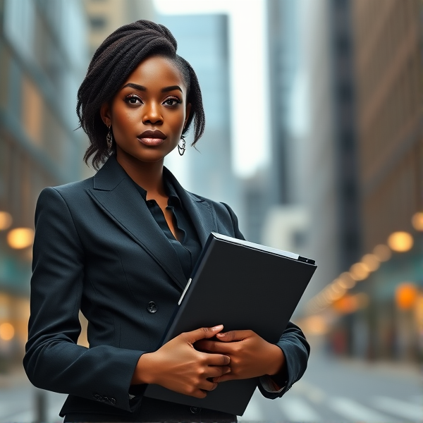young African woman dressed in a stylish business suit, confidently holding a binder in her hands against an urban backdrop