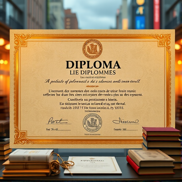 Prompt: Diplôme de français avec des bordures dorées sophistiquées, un sceau officiel en relief, une typographie classique et claire sur un fond en parchemin texturé, le tout présenté dans un cadre académique avec des livres et des symboles éducatifs posé sur table dans un cadre