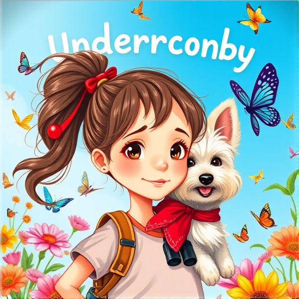 Bright, whimsical book cover design showcasing a spirited 10-year-old girl with a bouncy brown ponytail secured by a cherry-red ribbon, her small round eyes twinkling with mischief and wonder. The protagonist is center-stage on an exuberant quest, the background a beautiful blue sky.  Surrounding her are playful elements that resonate with girls her age: iridescent butterflies dancing in the air, lush, multicolored flowers blooming wildly at her feet, and charming birds with elaborate plumage. Accompanying her is a joyous blonde long-haired Maltese terrier, its floppy ears framing a face full of affection as it gazes at the girl; around its neck is a crimson bandana that flutters in the breeze. The scene pulses with the thrill of childhood adventures—look for an intricately detailed compass clutched in the girl's hand, binoculars draped around her neck, and intriguing hidden paths that invite secret explorations. Bold, playful typography leaps off the cover, spelling out "Undercover Kirby" in letters designed to spark imagination and convey a sense of exhilarating fun. Opt for an art style that echoes realistic hand-drawn illustrations to capture this timeless narrative of curiosity and discovery. The girls eyes should proportionate to face, not cartoon style