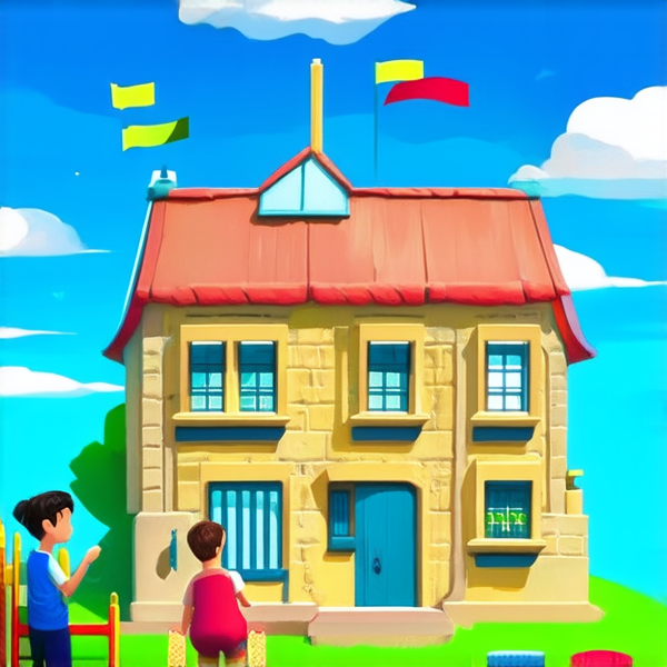 bâtiment d'une école primaire traditionnelle avec cours de récréation, drapeaux colorés et enfants jouant, architecture européenne, ciel bleu avec quelques nuages