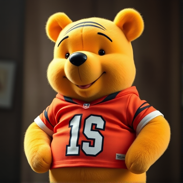 Pooh bear wearing a bengals jersey