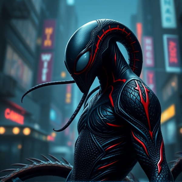 Un symbiote stylisé aux textures complexes, avec des teintes profondes de noir et des accents dynamiques de rouge, se fondant dans une pose menaçante et élégante, sur un fond urbain sombre éclairé par des néons.
