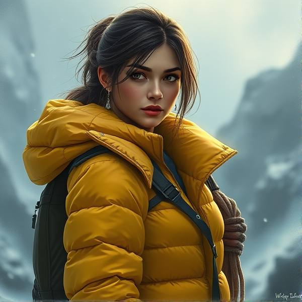 Lara Croft wearing a thick yellow puffy jacket and backpack