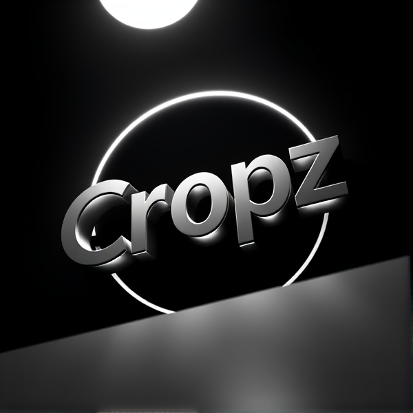 A highly detailed, high-contrast black and white 3D logo featuring the stylish, sans-serif, bold font word "Cropz" jumping out of a dark background, illuminated by a dramatic ring light that accentuates the model's curved, futuristic edges and smooth, metallic surfaces, evoking a sense of excitement and dynamism, rendered in a vivid, vibrant, high-gradation style reminiscent of Pixar animation, with crisp, sharp lines and geometric shapes, created using the powerful tools of Unreal Engine, Octane Engine, and V-Ray, with an overall aesthetic that is exaggerated, surreal, and eye-catching, taking inspiration from sci-fi and futuristic design.