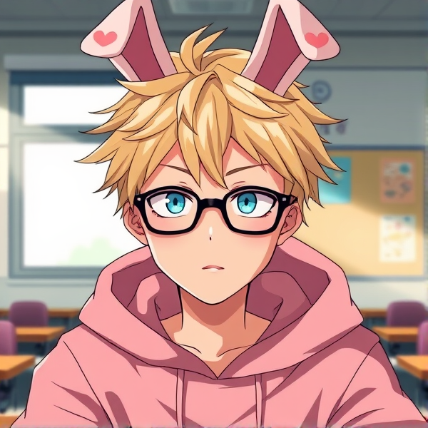 ,1 boy my hero academia, bakugou face,blonde messy hair, small sleepy light blue eyes, thin black glasses, bunny ears on head, pink oversized hoodie jumper, serious face, classroom,