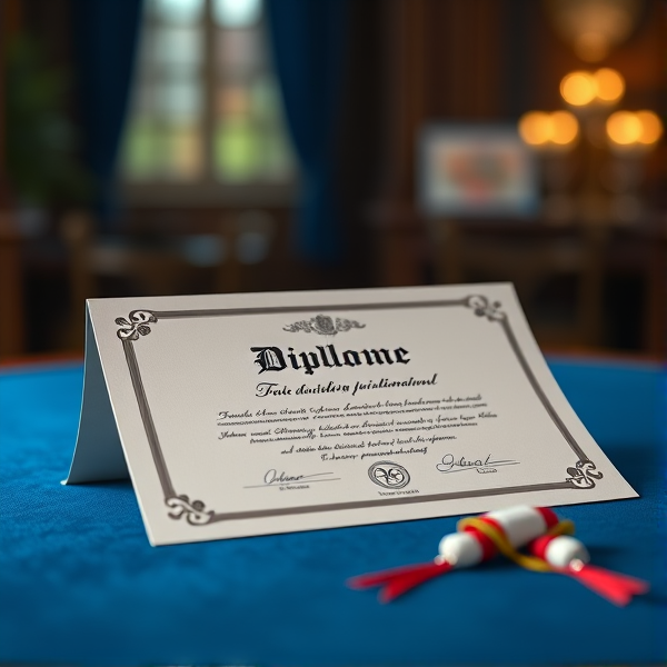 Diplôme écrit en français posé sur une table  bleue