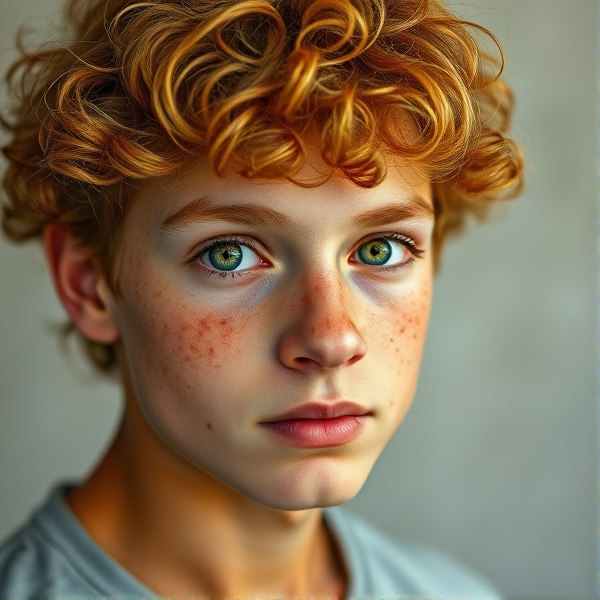 A teen boy with olive skin, freckles the color of ambers, ginger curly hair, green doe eyes, very round features