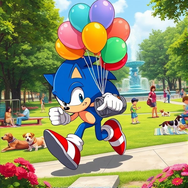 Sonic the Hedgehog captured mid-stride in a dynamic running pose, with his iconic blue quills trailing behind him. He's gripping a helium gas cylinder tank and vivid collection of assorted balloons—450 in total, each measuring 16 inches. The balloons are in various shades and have a shimmering sheen to them, reflecting the sunlight. Sonic is sporting his red shoes with white stripes and gold buckle, which blur slightly from his incredible speed. The bustling park around him is alive with activity; there are children playing on swings, couples walking dogs of various breeds, street performers juggling and people picnicking on checkered blankets. Lush green trees dot the landscape, their leaves rustling gently in the breeze, and vibrant flower beds add pops of color throughout the scene. In the background stands an elaborate fountain cascading water into a clear blue basin. All elements are illustrated in a richly saturated anime art style that emphasizes bold lines and dramatic lighting to enhance the dynamic nature of Sonic's movement