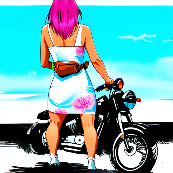 Aquarelle : Femme avec des cheveux rose fuchsia sur une harley noir roule sur le plage. elle porte une robe blanche à grosse fleur rose layette et un sac banane à main en cuir marron lanière rose et bleu et vert porté en bandoulière