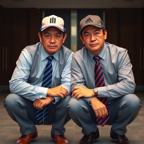 Deux  différents hommes d'affaires japonais puissants mature  accroupis et faché  portant des casquettes Adidas  et des cravates rayées longues  bleue rouge et oreillettes Apple 
Ils sont complices et conquérants , ils dominent 
 , accroupis pas trop et regard fort
Ils sont hypnotisant du regard , amis, complice , envoûtant , charismatique 
Ils se tiennent par les épaules , il fixent l objectif de la caméra