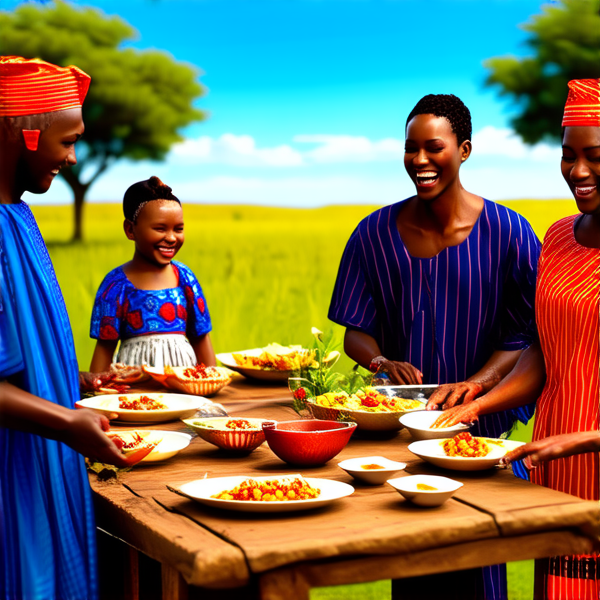 Famille nombreuse souriante réunie autour d'une table rustique en bois garnie de plats traditionnels africains, sous un ciel bleu dans un cadre champêtre avec des arbres et une végétation luxuriante, portant des vêtements africains colorés et variés, échangeant des rires et des conversations chaleureuses