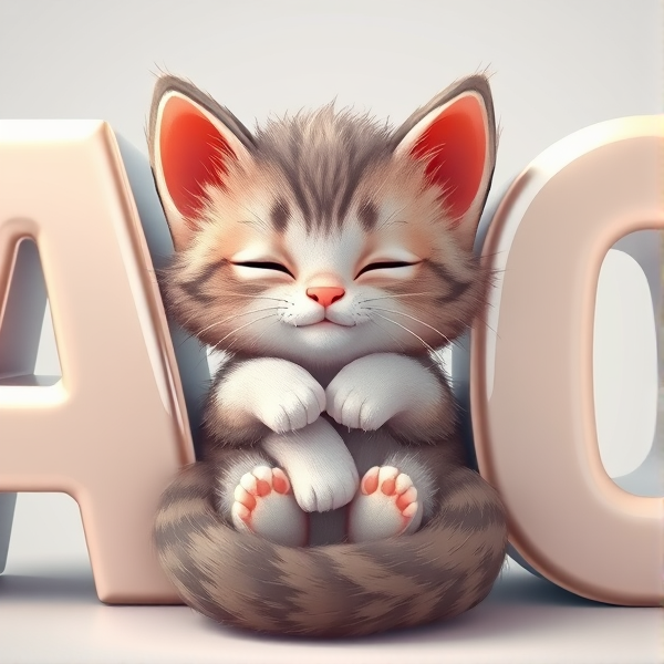 An adorable, fluffy kitten nestled comfortably against large, shiny 3D block letters forming the acronym "AUO" with its eyes gently closed and a contented expression