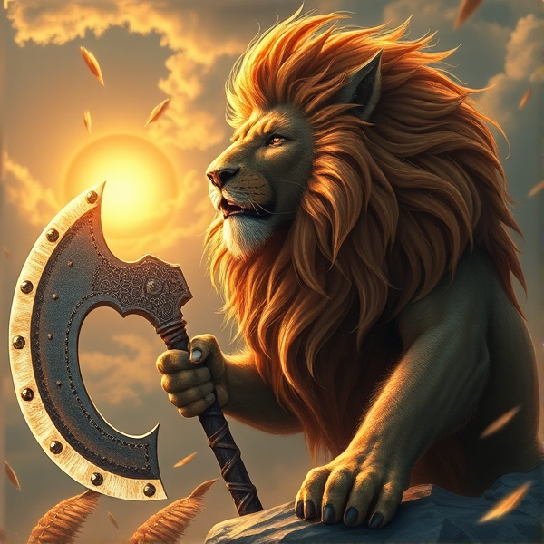 Un Lion barbare dieux du soleil une hache de guerre comme Léo escanor