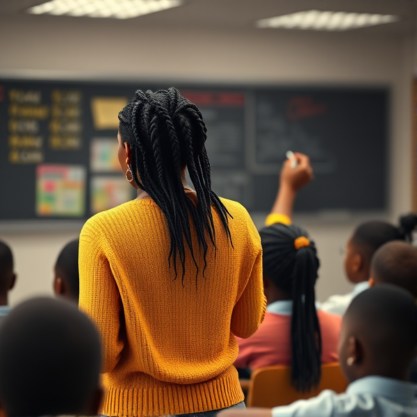 Une institutrice noire âgée de quarante avec des tresses africaines ans vêtue d'un pull jaune le dos tourné écrivant au tableau dans une salle de classe avec des élèves noires agés de huit ans