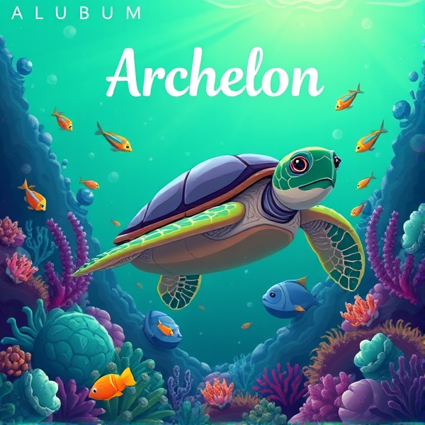 Album cover with Archelon turtle in a coral reef, ocean hues of green and purple, cartoon style, luminescent fish, marine flora, soft light underwater, "Archelon" written above