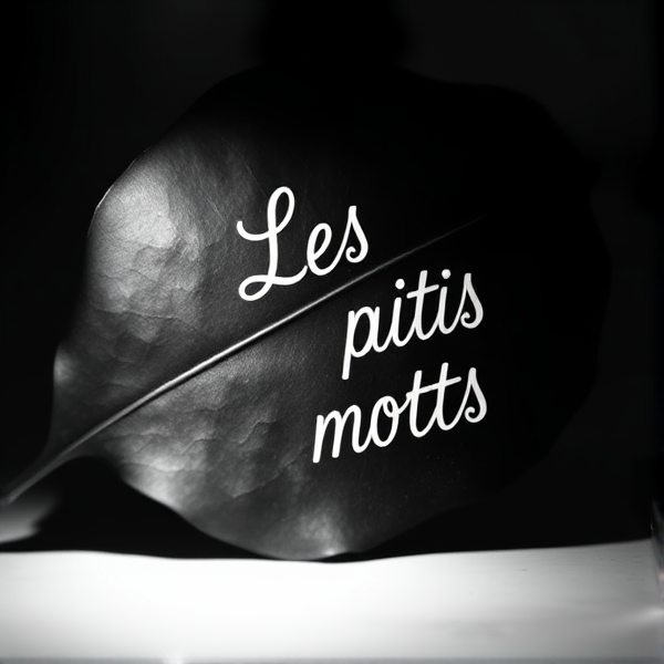 Une feuille sombre autour qui est éclairé par une lumière blanche. cette lumière éclairent "Les petits mots" en écriture curcive. Il faut que l'image soit chaude, en noir et blanc. La feuille se trouve sur une table