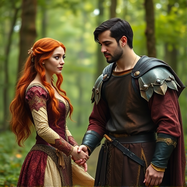 Red haired Arthurian princess holding hands with a black haired Caucasian squire in the forest of Camelot