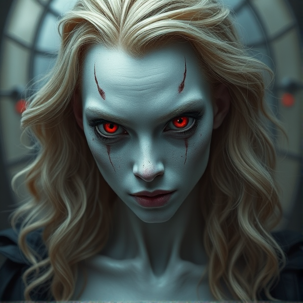female with very pale skin and red eyes with blonde wavy hair, make her a humanoid monster