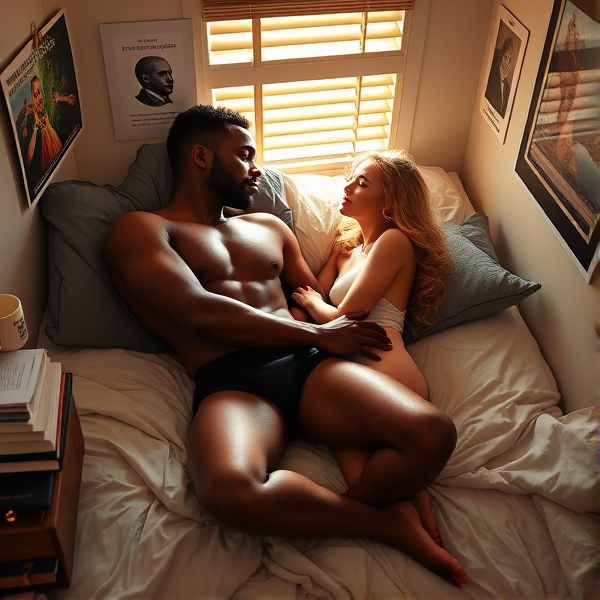 A college-age couple reclining in a modestly furnished dorm room, nestled within the crumpled sheets of a narrow bed, basking in the afterglow of intimacy. The young black man is the embodiment of physical perfection, his chiseled ebony torso reflecting an athletic discipline akin to that of an Olympian god. His tanned skin is illuminated by the amber rays peering through the slightly ajar window blinds, casting a warm glow that dances over his sinewy muscles and contours. His powerful arms gently cradle his partner, offering a tender contrast to his formidable physique. 

His companion, a golden-haired female, lies beside him with her head resting on his broad chest. Her delicate features are relaxed in contentment as she languidly wraps her arms around her lover. She is also athletic, which can be seen from her toned legs and firm build. Both of their skins are dewy with perspiration from their recent passionate encounter. The soft morning light graces her tousled locks and lends them an almost ethereal shimmer.

The two lovers are entwined in an intimate embrace under the provocative cover of disheveled bed sheets, which explicitly implies the intense fervor of their preceding moments together. They look at each other with hungry expressions, implying physical attraction and a need for continued carnal engagement. She bites her lower lip in a mix of anticipation and playful provocation while he gazes back at her with eyes that hold unspoken promises.

Their surroundings echo their young academic lifestyle—a stack of textbooks teetering on the edge of a small desk cluttered with notes and pens speaks to late-night study sessions; posters on the wall depicting famous scientific figures, inspirational quotes, and exotic landscapes hint at personal interests in exploration and self-improvement; mismatched furniture and a colorful rug give off a comfortable lived-in vibe; all this creating an authentic backdrop to their love story that unfolds within these walls.

The atmosphere is filled with unspoken narratives: clothes casually discarded at the foot of the bed denote haste; two coffee mugs sit on the windowsill—one adorned with chipped college emblem marks countless caffeine-fueled discussions; open laptops display paused lectures—a testament to their dedication but also to interruptions welcomed for moments like these.

Above all else, it's clear that they share not only an intellectual bond but also one profoundly rooted in animalistic desire—the kind forged from mutual respect, understanding, and attraction that encompasses both mind and body—a dance between equals where every touch whispers stories yet unwritten.

He wears sleek black boxer briefs, which accentuate his toned thighs.