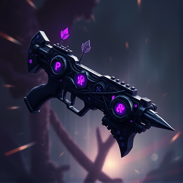 An intricately crafted, legendary known as The Terminator, gleaming with the power of Enderman slaying. It's a masterwork of enchanted ebony, with glowing purple runes etched along its frame and a unique mechanism that allows for the simultaneous shooting of three ethereal arrows, 32x32 resolution and pixelated