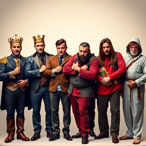 Seven brothers stand in a row, each embodying one of the seven deadly sins. The first radiates Pride, clad in royal garb with a majestic crown atop his head and a scepter in hand, his stance projecting sheer arrogance. Next is Wrath, dressed as a 1950s-style gangster with a leather jacket and an angry scowl, his hands balled into fists ready to strike. The third brother personifies Greed, wearing an opulent tailored suit that exudes wealth, fingers tightly clutching symbols of riches such as gold coins and dollar bills. Envy is manifest in the fourth brother who resembles a jealous explorer eyeing others' possessions, burdened by an oversized backpack brimming with coveted items. Gluttony is depicted in the fifth brother wearing straining garments that highlight overconsumption, his face smeared with various foods. Lust is portrayed by the sixth brother sporting enticing clothes meant to allure and provoke desire in onlookers through their revealing design. Lastly, Sloth is shown in the seventh brother draped in loose-fitting and overly comfortable sleepwear that signifies laziness and disinterest towards any physical exertion